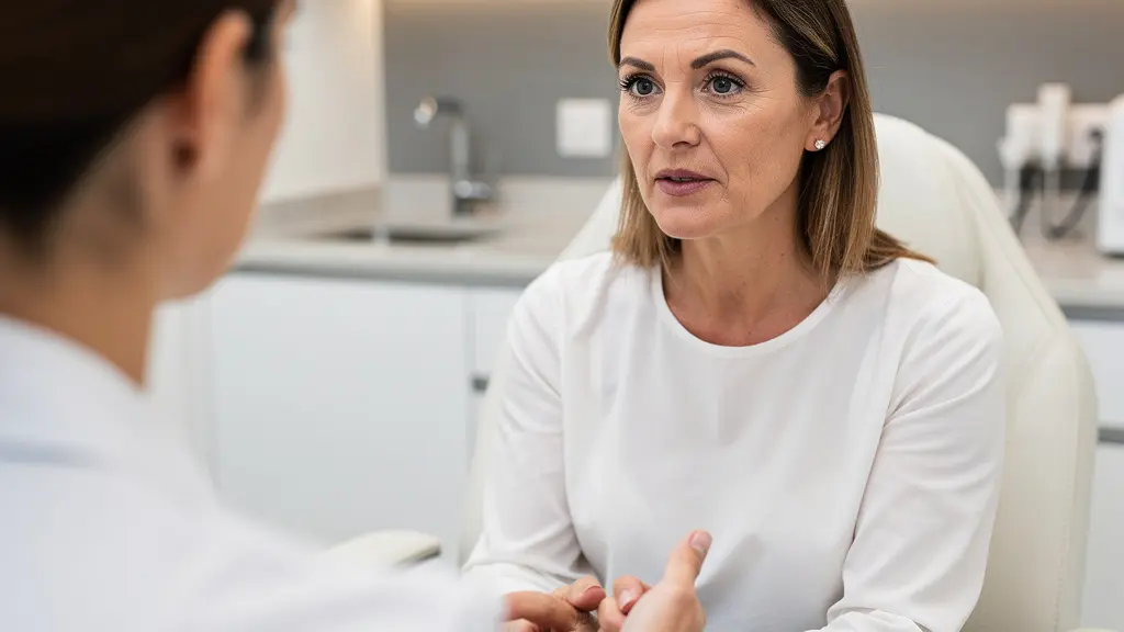 Consultation chirurgie esthétique paupières, patiente écoutant explications praticien