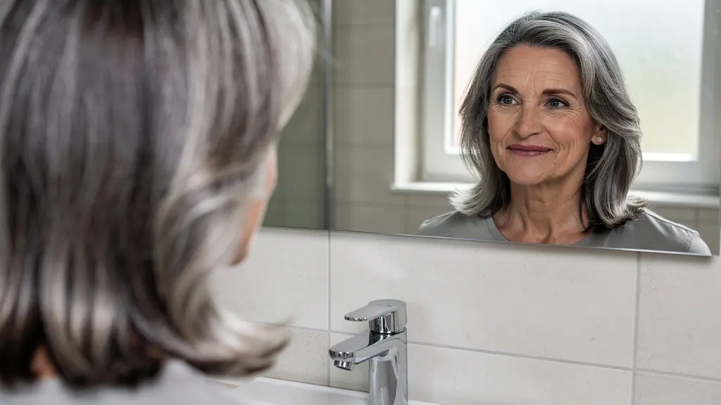 Femme européenne cinquantaine observant son reflet avec expression confiante, rajeunissement regard