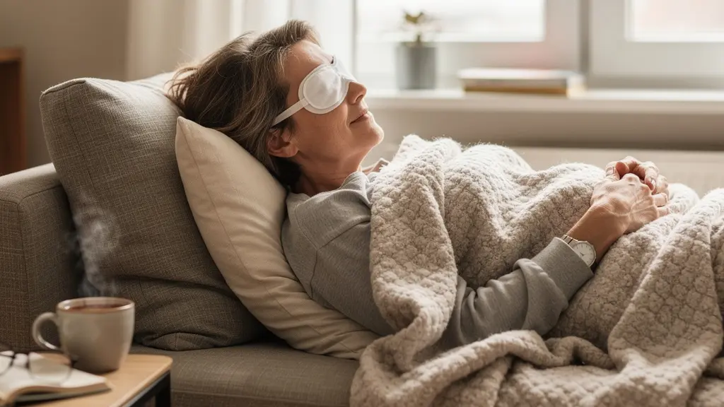 Femme en récupération post-blépharoplastie avec compresses froides sur les yeux