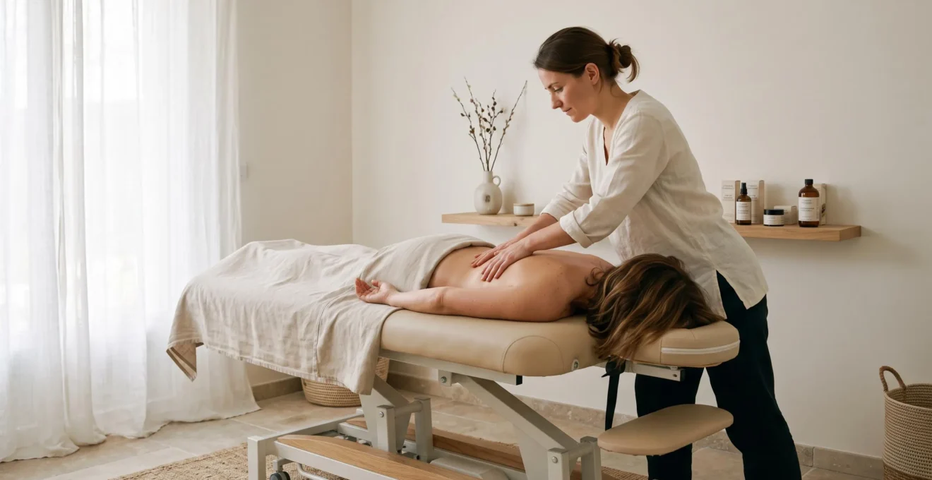 Esthéticienne réalisant un massage du dos sur cliente allongée sur table électrique professionnelle dans cabine de soin moderne aux tons clairs
