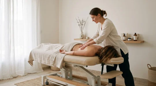 Esthéticienne réalisant un massage du dos sur cliente allongée sur table électrique professionnelle dans cabine de soin moderne aux tons clairs