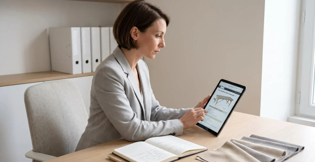 Gérante d'institut consultant fiches techniques de tables de massage sur tablette numérique à son bureau professionnel
