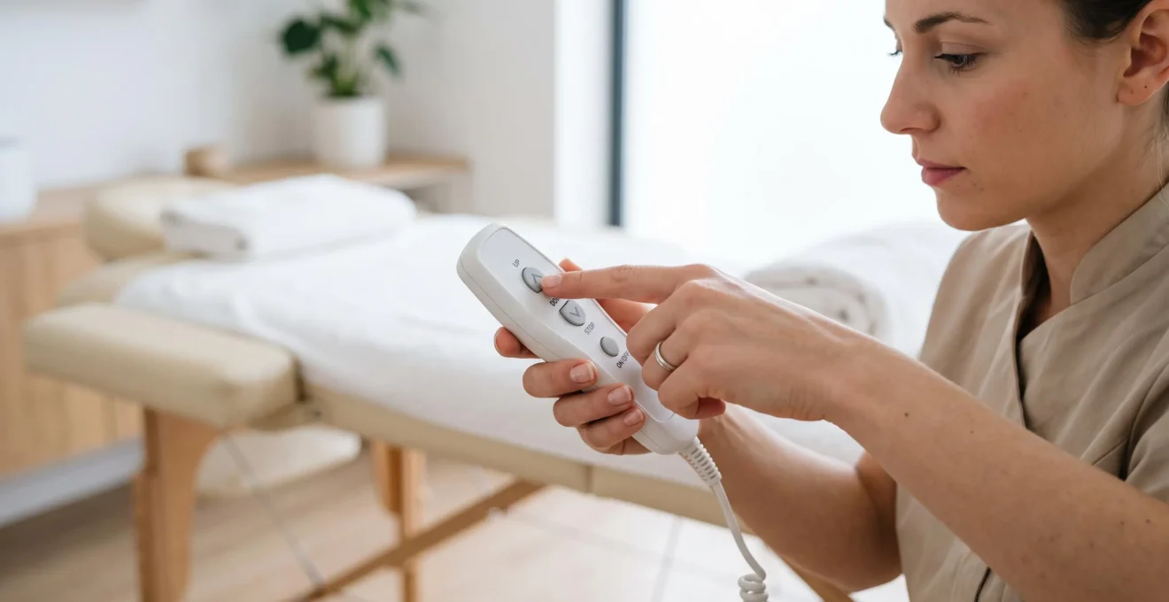 Main d'esthéticienne actionnant télécommande de réglage électrique de table de massage professionnelle