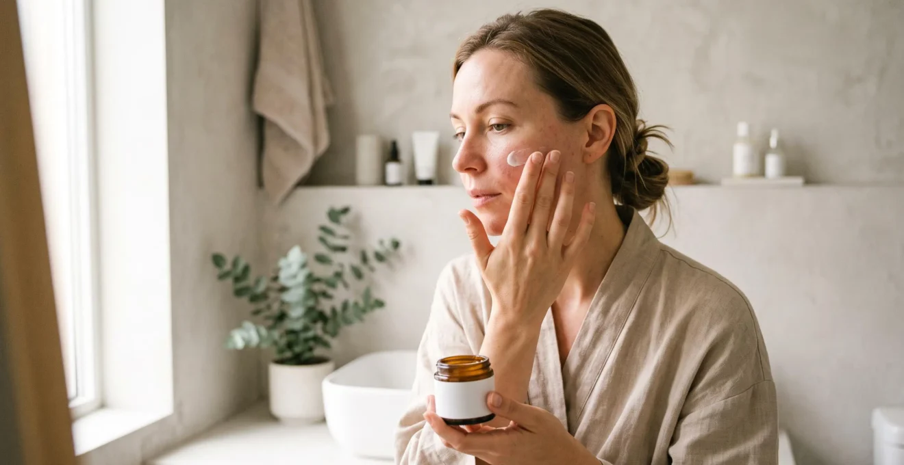 Femme appliquant une crème apaisante sur son visage après un traitement laser cutané