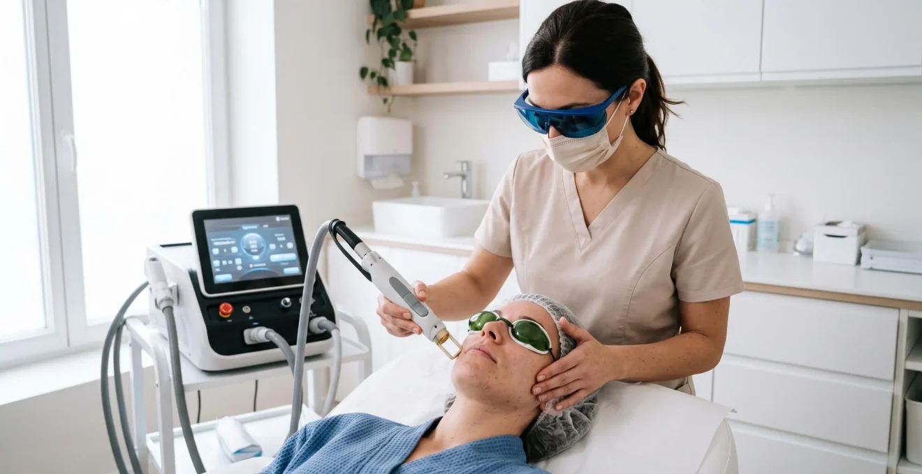 Praticien de médecine esthétique réalisant un traitement laser sur le visage d'une patiente dans un cabinet médical moderne