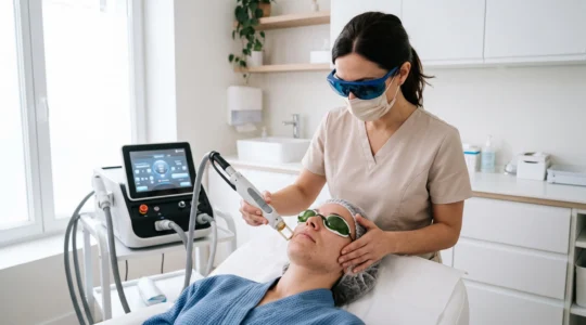 Praticien de médecine esthétique réalisant un traitement laser sur le visage d'une patiente dans un cabinet médical moderne